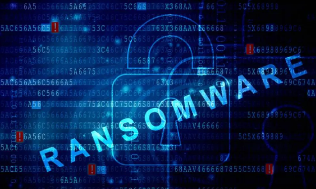 An image titled 'Ransomware' with blue lines of code in the background